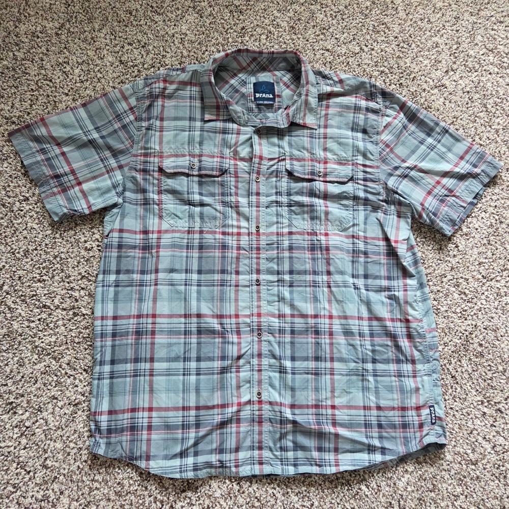 Prana Cayman Mens Short Sleeve Button Down Shirt Blue Plaid Nylon Size XL Hiking
